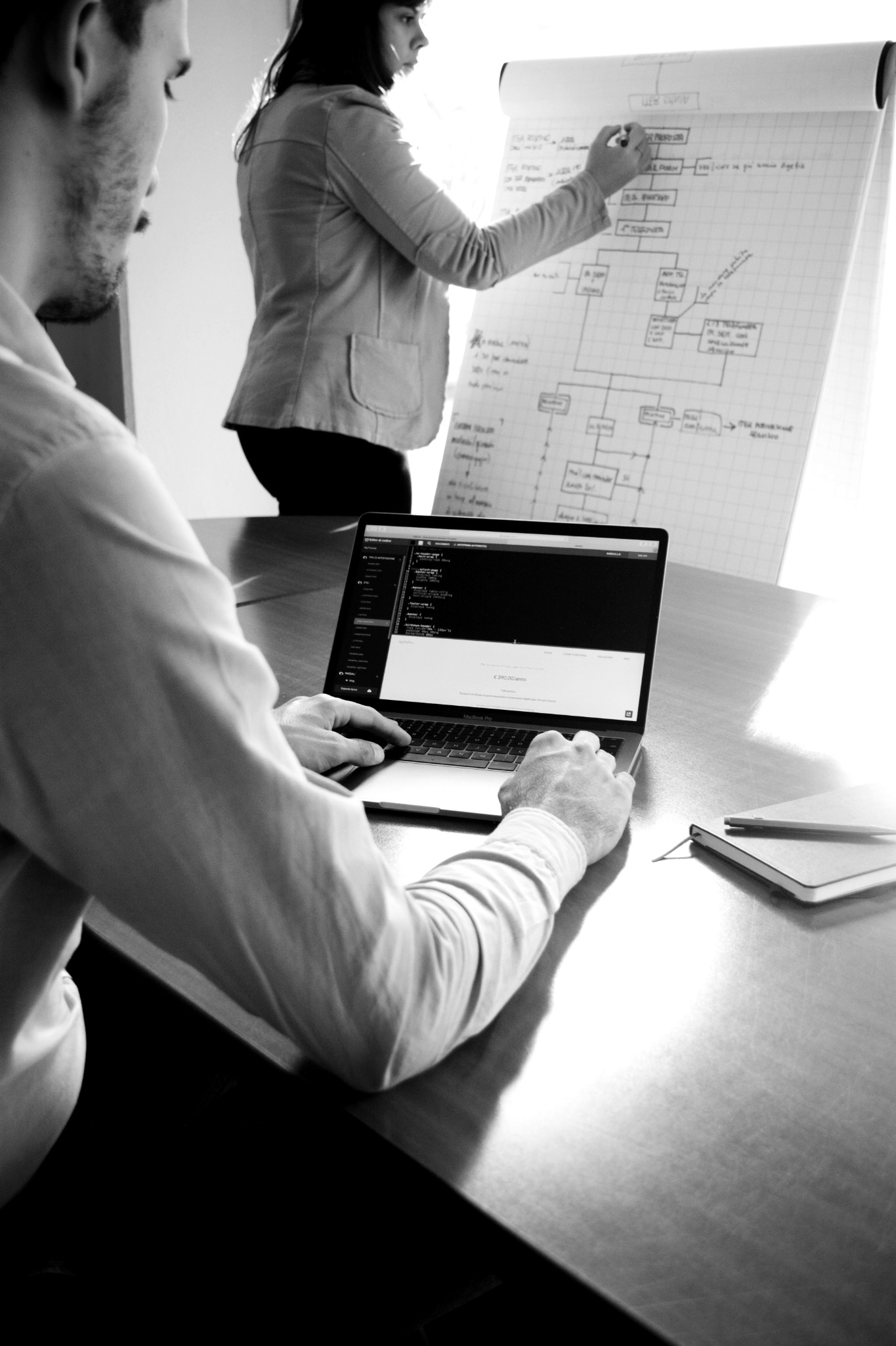 Team members working around a desk and presentation board in a planning session.